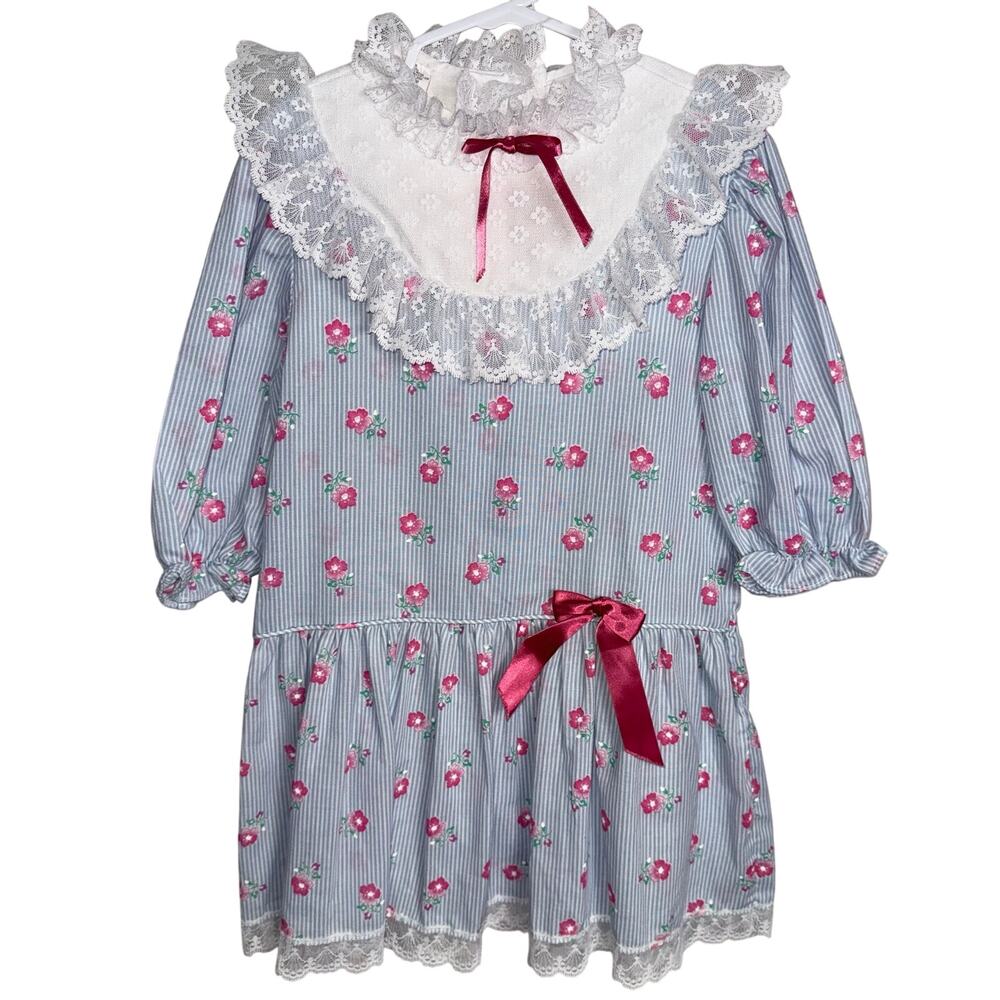 Vintage 80’s size 6 girl dress prairie lace bib collar floral stripes